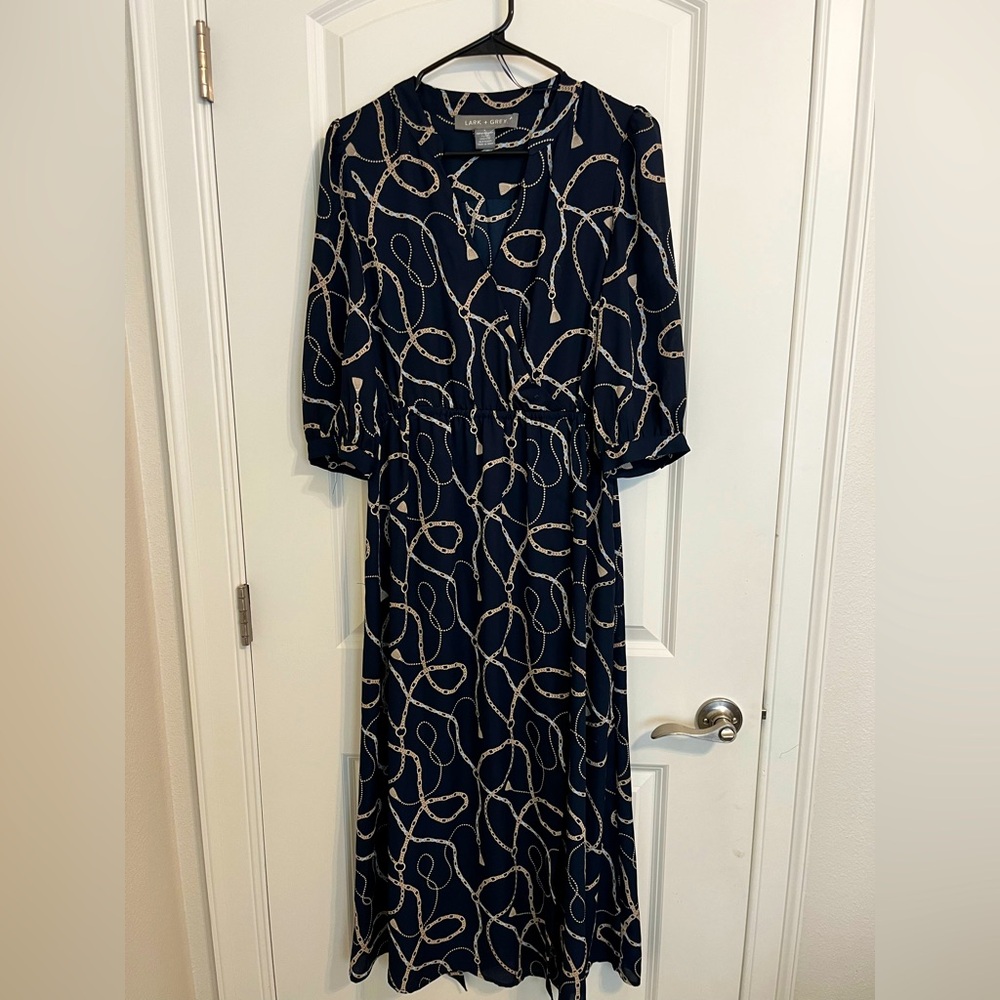 Lark + Grey Navy Midi Dress, size 8; 3/4 length sleeve